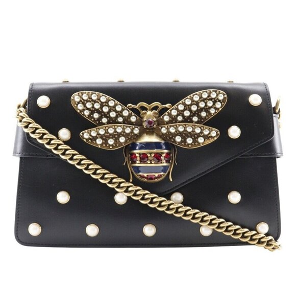 GUCCI Broadway Shoulder Bag 453778 ChainShoulder Pearl & Bee black Calfski... - Picture 1 of 8